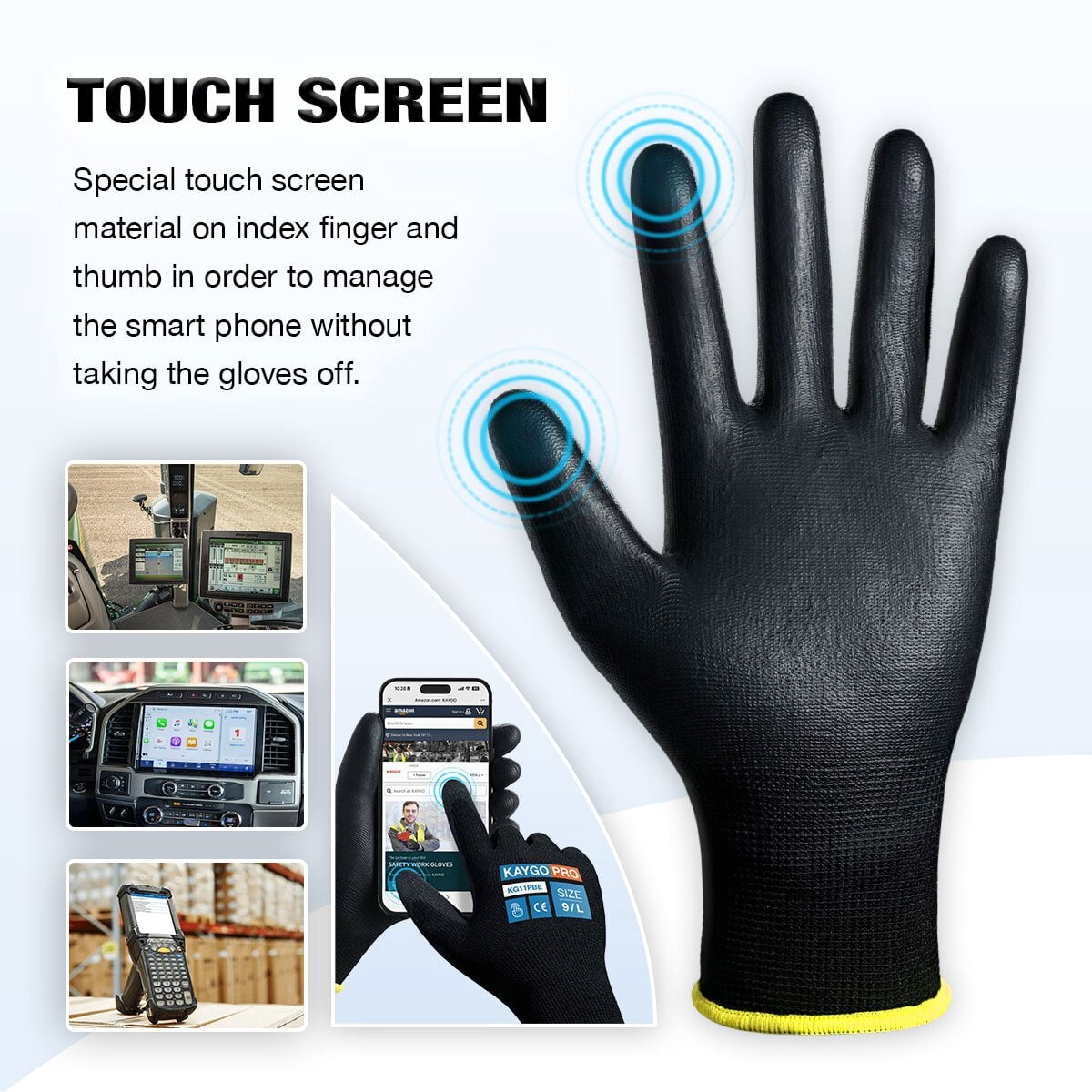 KAYGO Safety Work Gloves, 12 Pairs, PU Coated Seamless Knit Gloves with Two Fingers Touchscreen (S, Black)