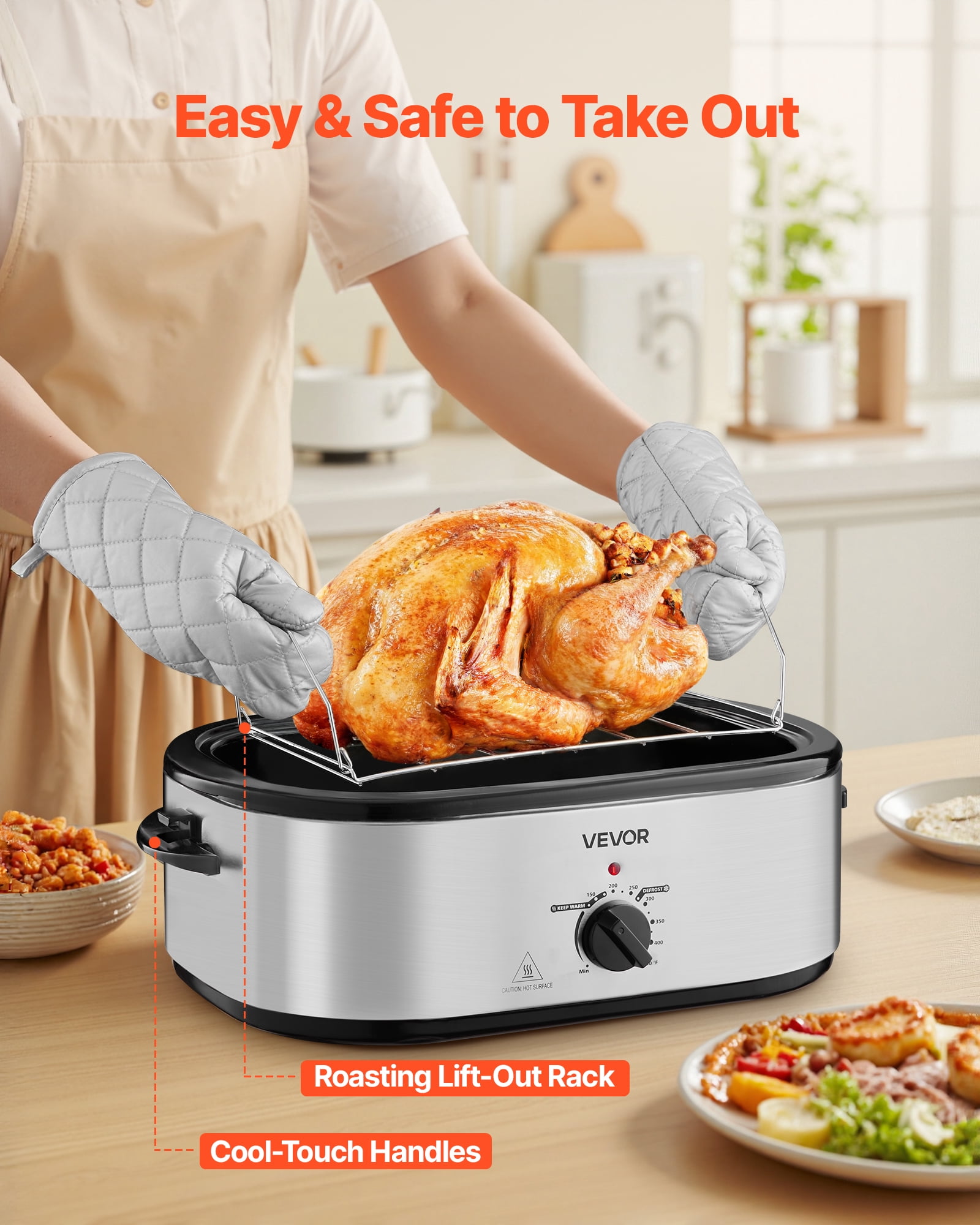 VEVOR Roaster Oven, 22QT Electric Roasting Pan,150-450℉ Adjustable Temperature Multifunctional Electric Roaster Oven with Self-Basting Lid, Defrost & Warm Function for Holiday Meal, Fits 26lb Turkey