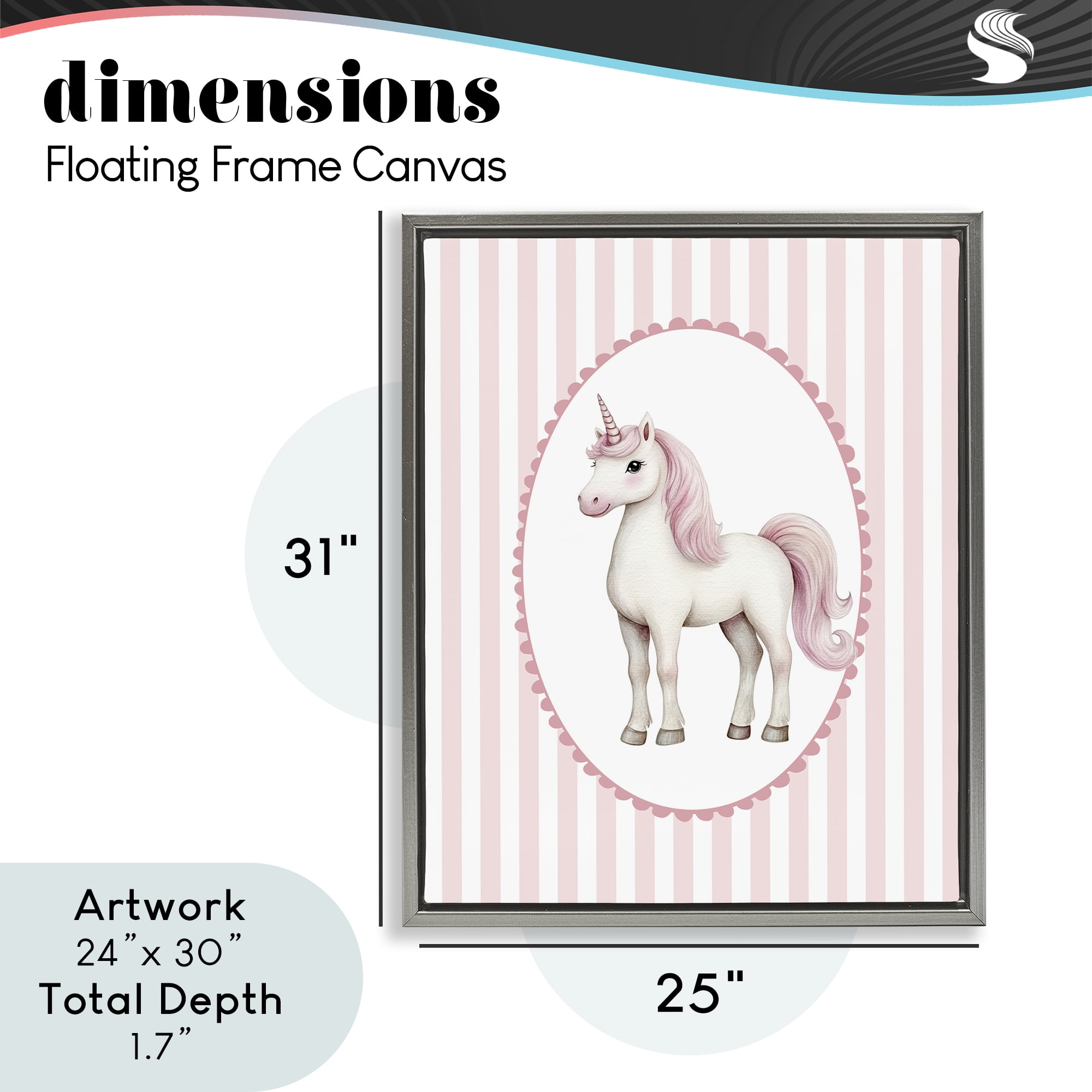 Gentle Unicorn on Pink Stripes Gray Framed Floater Canvas Wall Art, design by Christine Simpson Art