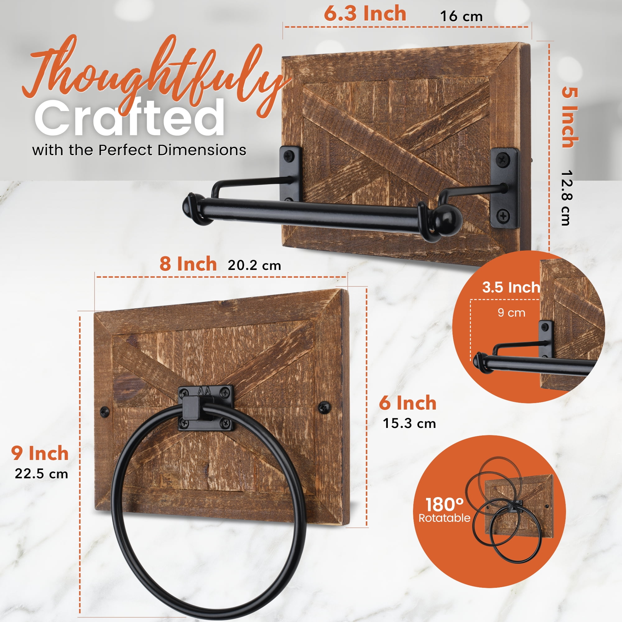 Rustic Farmhouse Toilet Paper Holder and Towel Ring Bathroom Accessories Set, Western Bathroom Decor