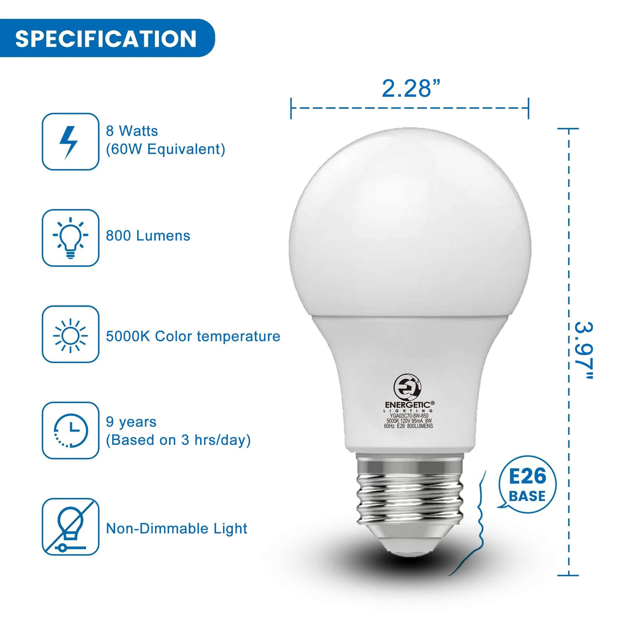 Energetic 9-Year A19 LED Light Bulb, 8W (60W Equivalent), Non-Dimmable, Daylight E26 Base, 24 Pack