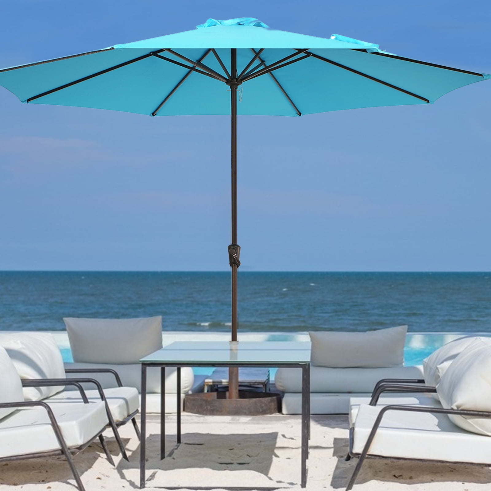 11' Patio Umbrella, Outdoor Table Market Large Umbrella with 8 Steel Ribs and Crank, Turquoise