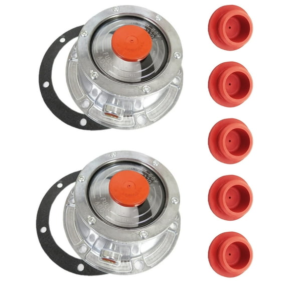 2 Pack of TORQUE Hubcap 3434009 Aluminum Hub Cap with 5 Extra Red Rubber Plug for Trailer Axle (Replaces Stemco 343-4009, 3434009, SKF 1643, 1743, 1843) (TR3434009, TR3595990)