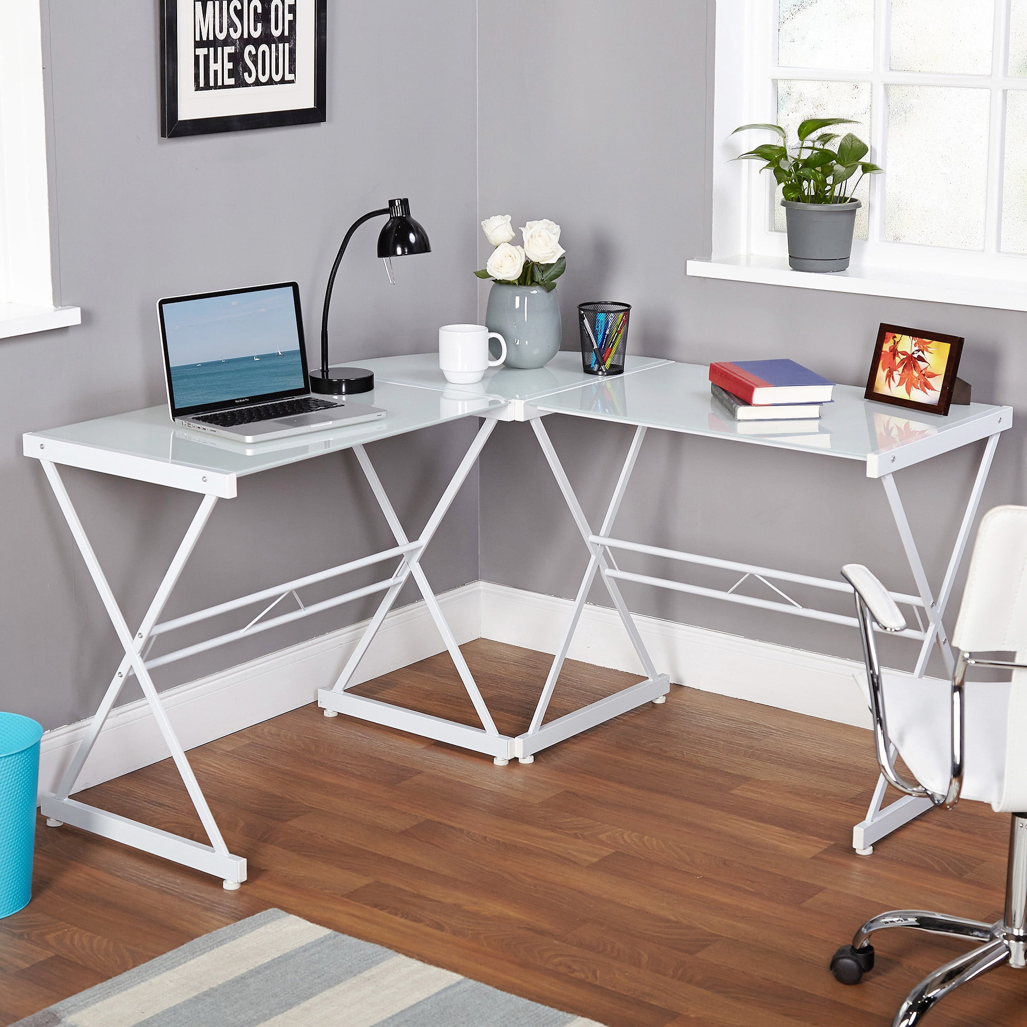 Atrium Metal And Glass L Shaped Computer Desk Multiple Colors