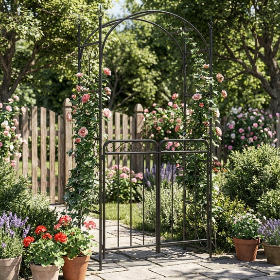EuKer Garden Arch Trellis, 8ft Metal Garden Arbor with Gate for Climbing Plants, Black