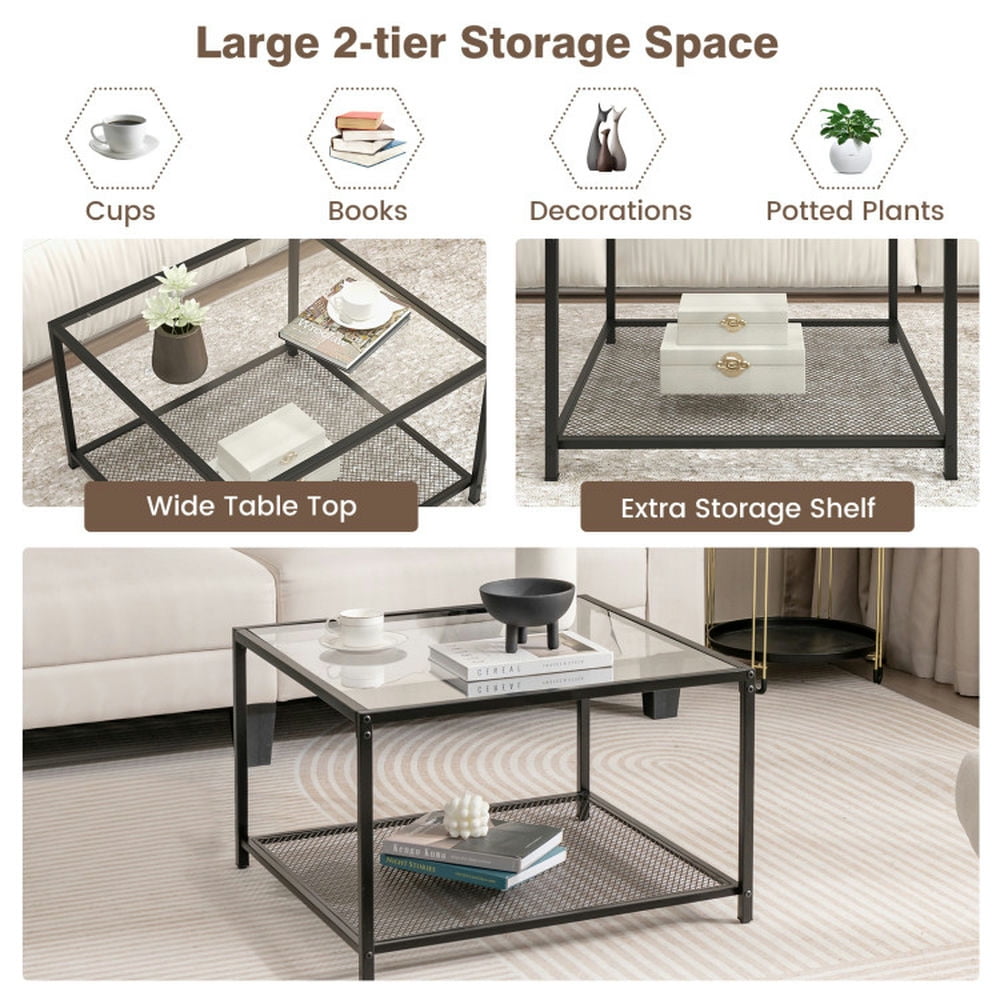 Finihen Coffee Table, Glass Coffee Table, Modern 2-Tier Square Glass Coffee Table with Mesh Shelf, for Living Room, Reception Room, Transparent Finihen Coffee Table, Glass Coffee Table, Modern 2-Tier Square Glass Coffee Table with Mesh Shelf, for Living Room, Reception Room, Transparent