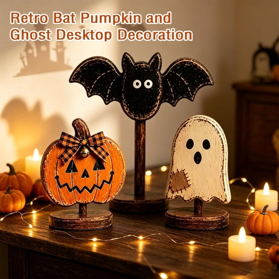 3 Pack, Vintage Halloween Decorations Wooden Ghost Pumpkin Bat Tabletop Signs, Fall Halloween Decor for Mantel Shelf Home Party, Rustic Primitive Style Halloween Desktop