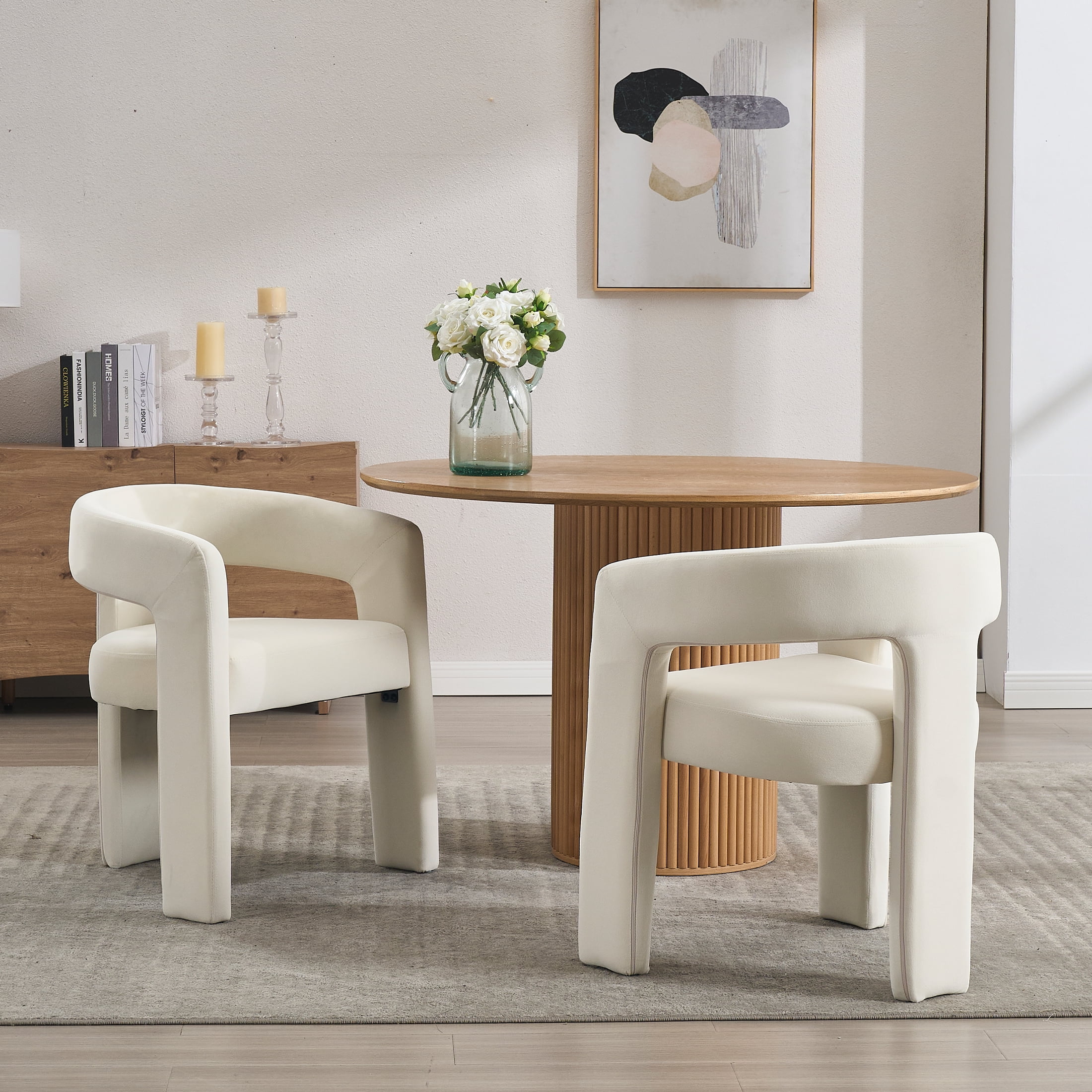 Guyou Modern Velvet Upholstered Dining Chair, Cute Barrel Side Armchair Kitchen Chair with Armrests and Back for Living Room Dining Room Bedroom, Ivory