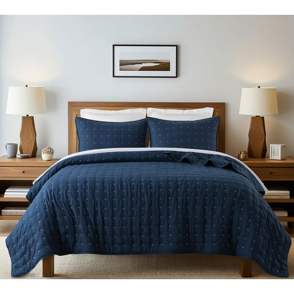 JANEEN HOME SUPER SOFT GRID CROSS STITCH QUEEN 3PC QUILT SET