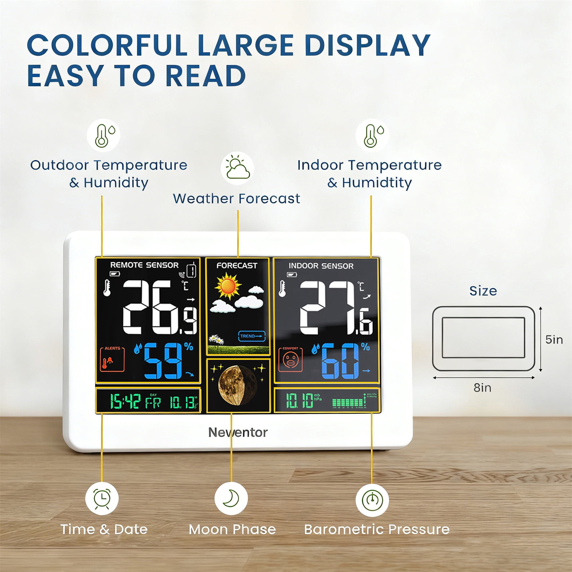 Newentor 7.5" Color Display Weather Station for Home with 3 Outdoor Sensor, Indoor Outdoor Thermometer with Humidity Monitor, WWVB, Alarm Clock, Moon Phase, Weather Forecast, White