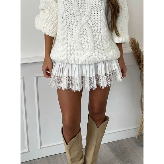 White Lace Trim Pleated Mini Skirt A-Line Flowy Half Slip Skirt Casual Streetwear