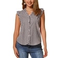 thumbnail image 1 of Blusa de mujer con volantes de cuadros Gingham Inspire Chic, cuello en V, manga corta, color marrón, 1 of 6