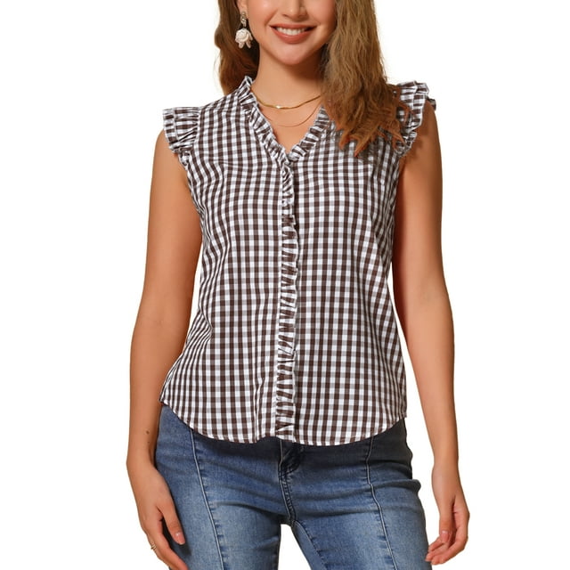 Blusa de mujer con volantes de cuadros Gingham Inspire Chic, cuello en V, manga corta, color marrón
