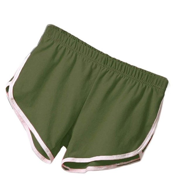 pantalones cortos de verano para mujer/shorts deportivos para entrenamiento/shortpangjing Verde: Vista frontal centrada de shorts deportivos con pretina elástica y ribetes blancos en laterales y bajo; silueta corta tipo runner, material polyester fiber, fondo blanco; también suelen usarse como short casual para salidas deportivas ligeras.