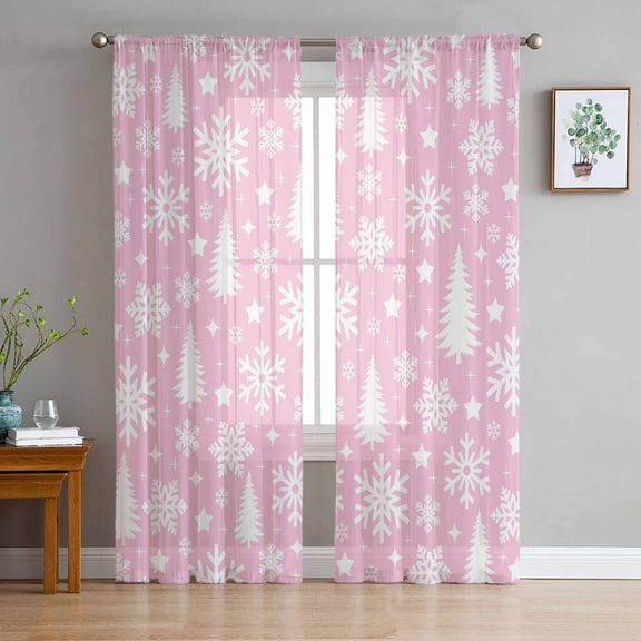 Pink White Christmas Sheer Curtains 72 Inches Long, Xmas Tree Snowflake Winter Abstract Light Filtering Window Curtains for Living Room, Rod Pocket Voile Sheer Curtain Drapes, 52"Wx72"L, 2 Panels