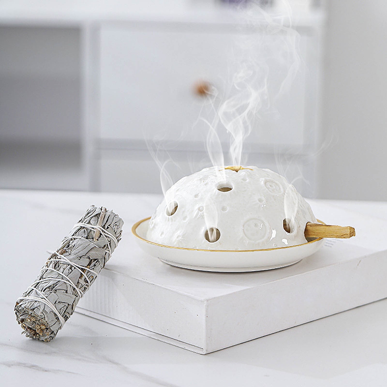 Moon Surface Ceramic Palo Santo Holder, 2-in-1 Incense Burner & Ash Catcher with Gold Rim, 5.98in
