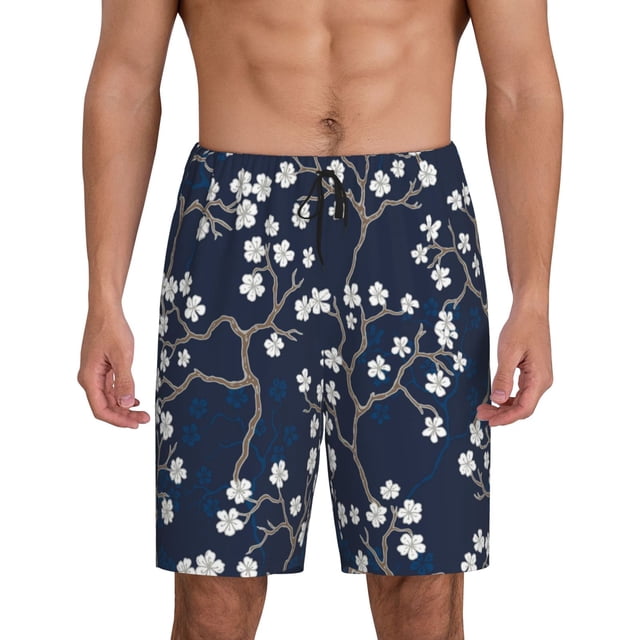 Balery Cherry Blossoms on Navy Background Pantalones cortos de pijama de punto de algodón para hombre con cinturilla y bolsillos-X-Large