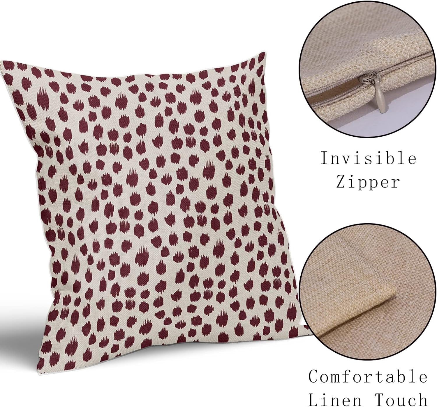 Burgundy Cream Pillow Covers 18x18 Set of 2 Boho Design Polka Dot Throw Pillows Modern Brush Strokes Print Decorative Outdoor Pillowcase Square Cushion Cover Linen Pillow Case for Home Sofa Couch Bed
