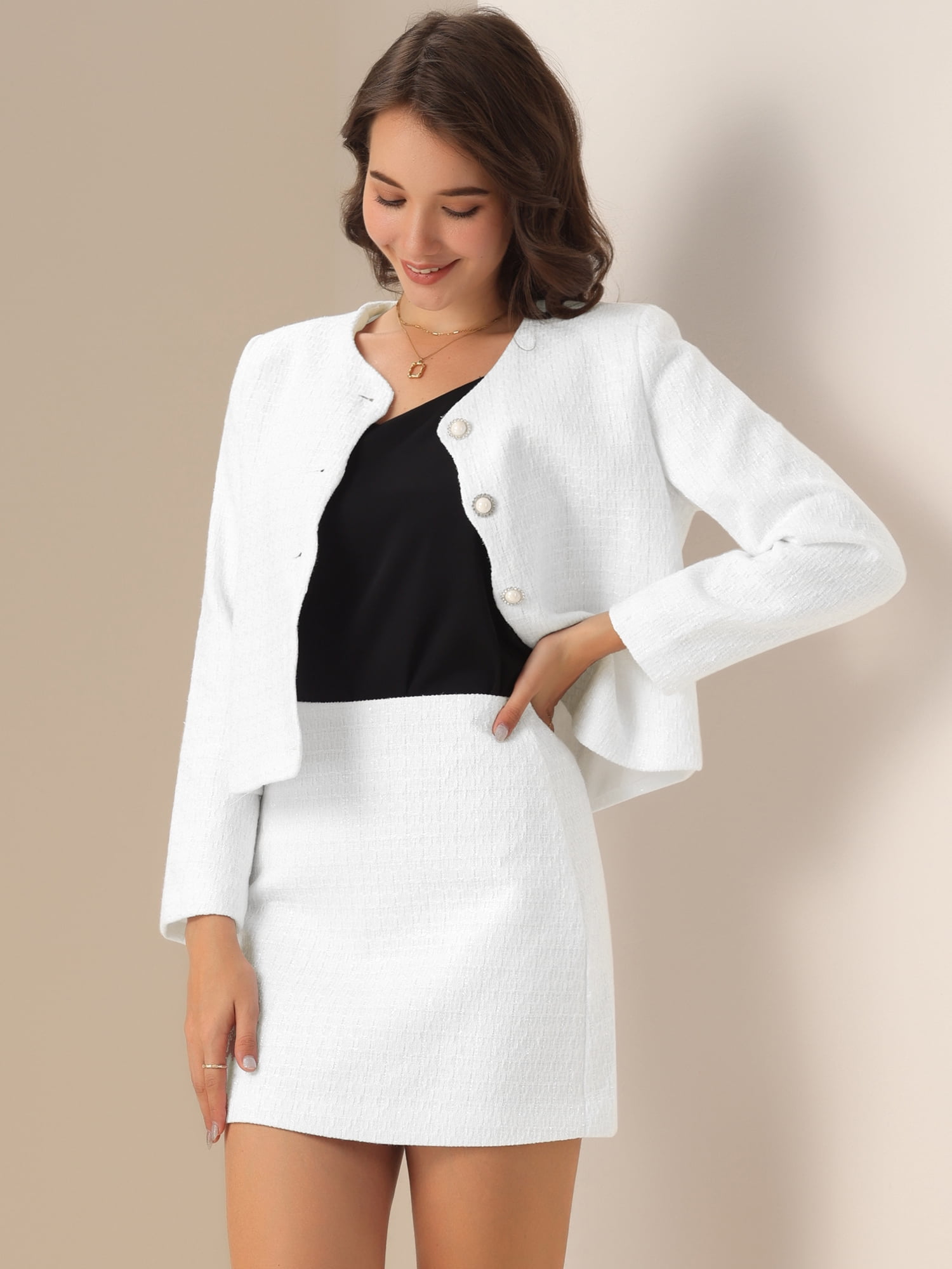 DARING DIVA 2Pcs Women's Elegant Business Blazer Skirt Tweed Suit Set XL White