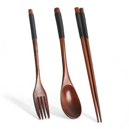 

QIFEI 3Pcs Wooden Flatware Wooden Fork and Spoon Chopsticks Reusable Tableware Cutlery Set Travel Utensils Eating Utensils for Office Camping Traveling