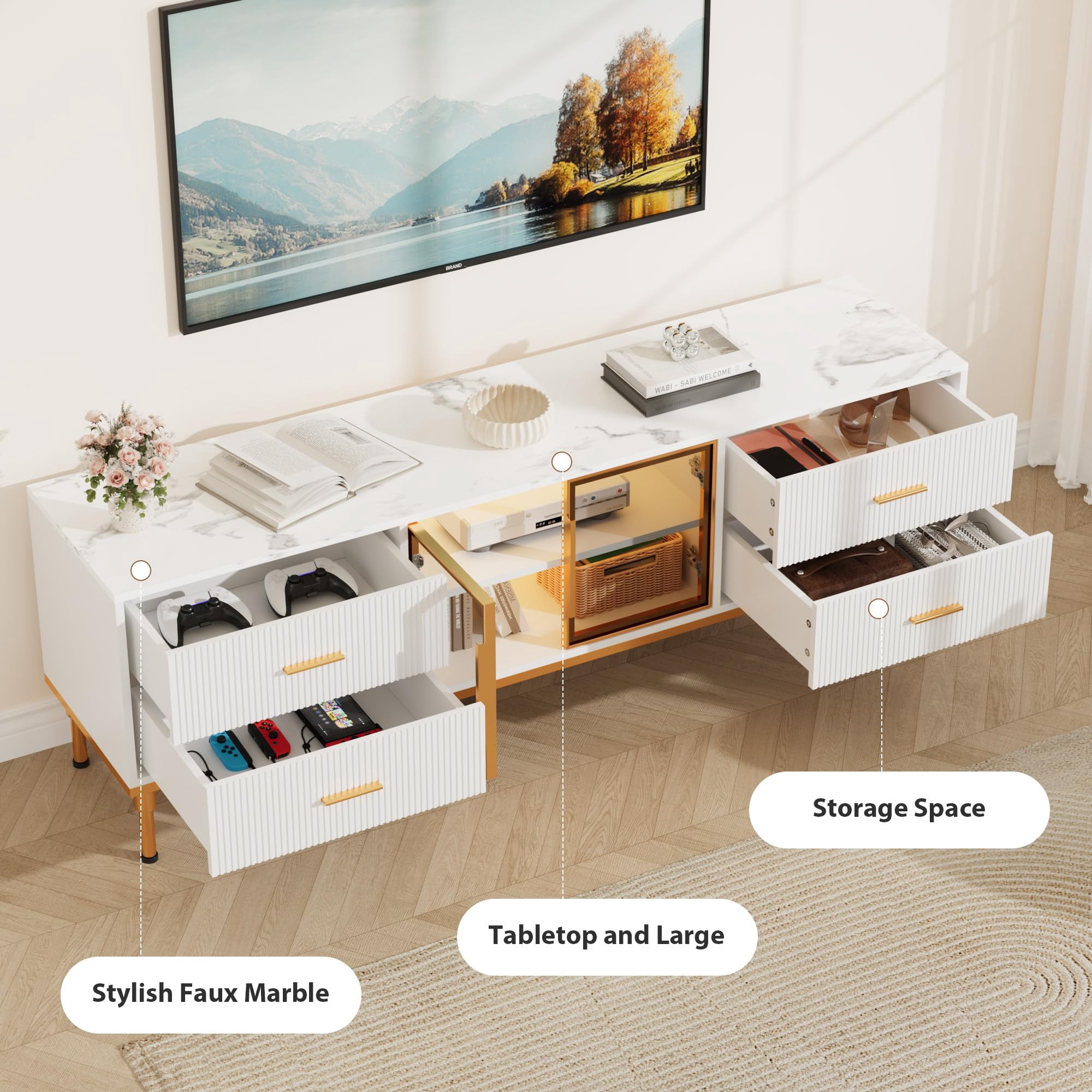 Kojooin Contemporary 65 Inch TV Stand Featuring LED Lights, Spacious Drawers, and Marble-Like Tabletop: Perfect Entertainment Center for Large TVs