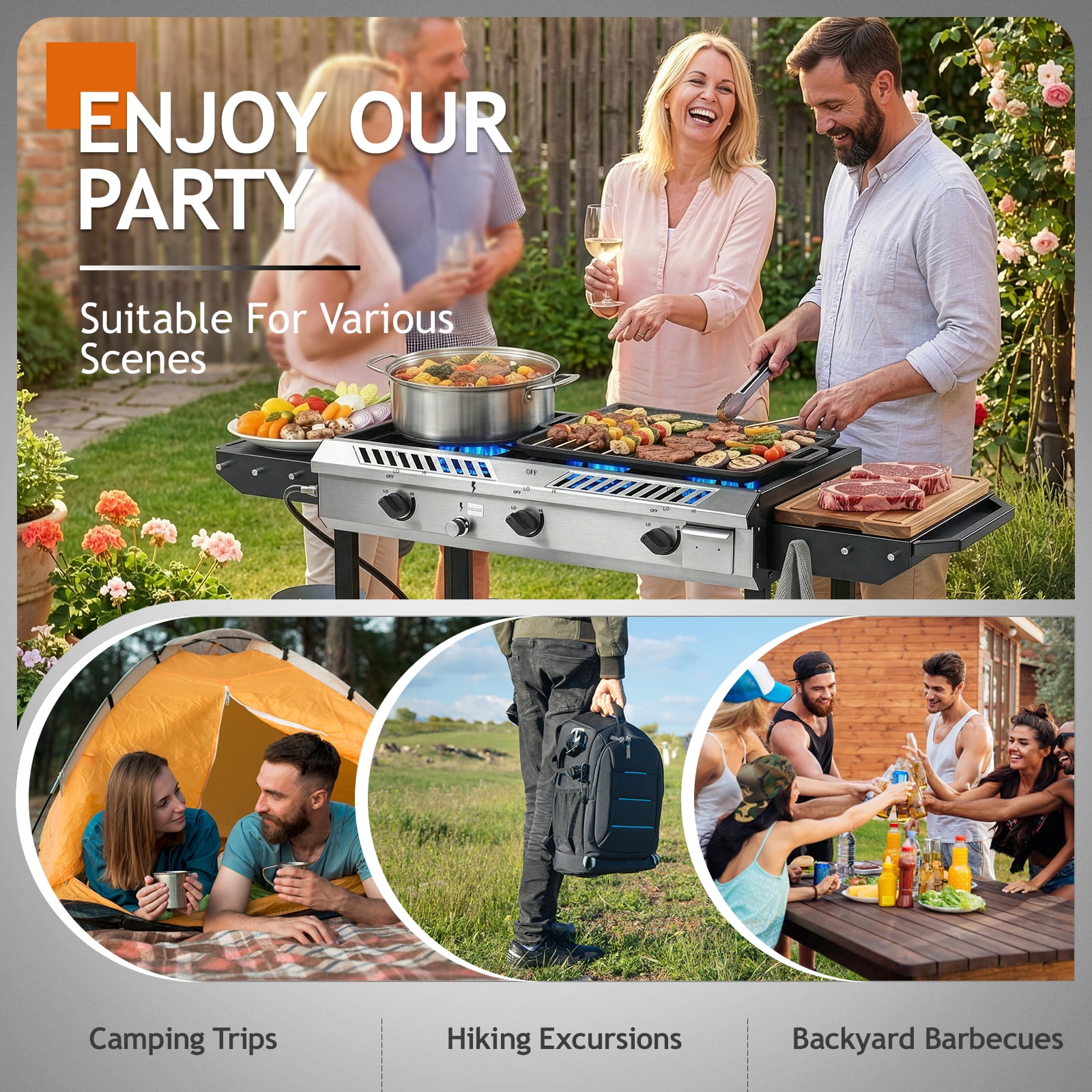 UBesGoo 3-Burner Propane Stove, Portable Outdoor Cooker with Removable Legs & Wind Panel for Camping, Backyard, Canning
