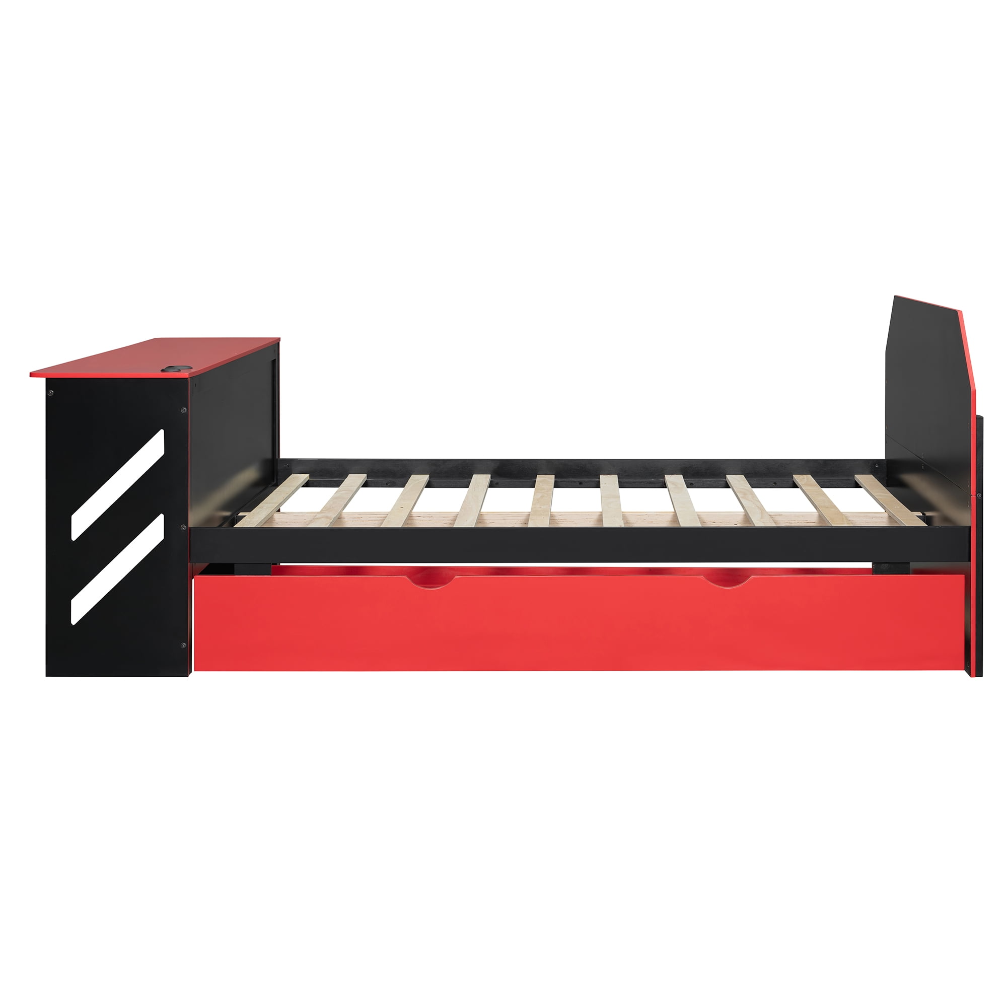 Mintazer Full Size Gaming Daybed with Pull-Out Twin Size Trundle & Desk, Platform Bed Frame with USB for Bedroom Dorm, Black & Red