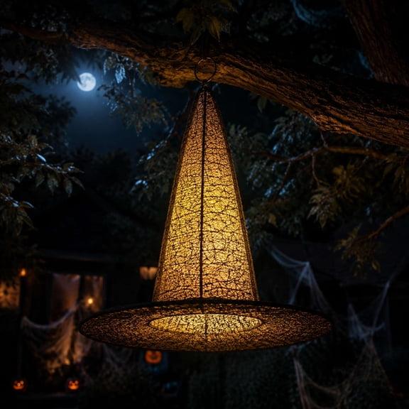 Halloween Decorations - 14" Lighted Hanging Witches Hats, Glowing Witch Hat Ornament with Warm Light, Black Iron Witch Hat, Halloween Light Up for Outdoor, Indoor, Porch, Tree, Decor