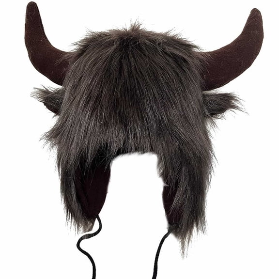 Clearance! Lisingtool Buffalo Hat with Horns Furry Earmuff Winter Hats Buffalo Face Fluffy Ear Headwear Earflap Hat Coffee Promotion Sale
