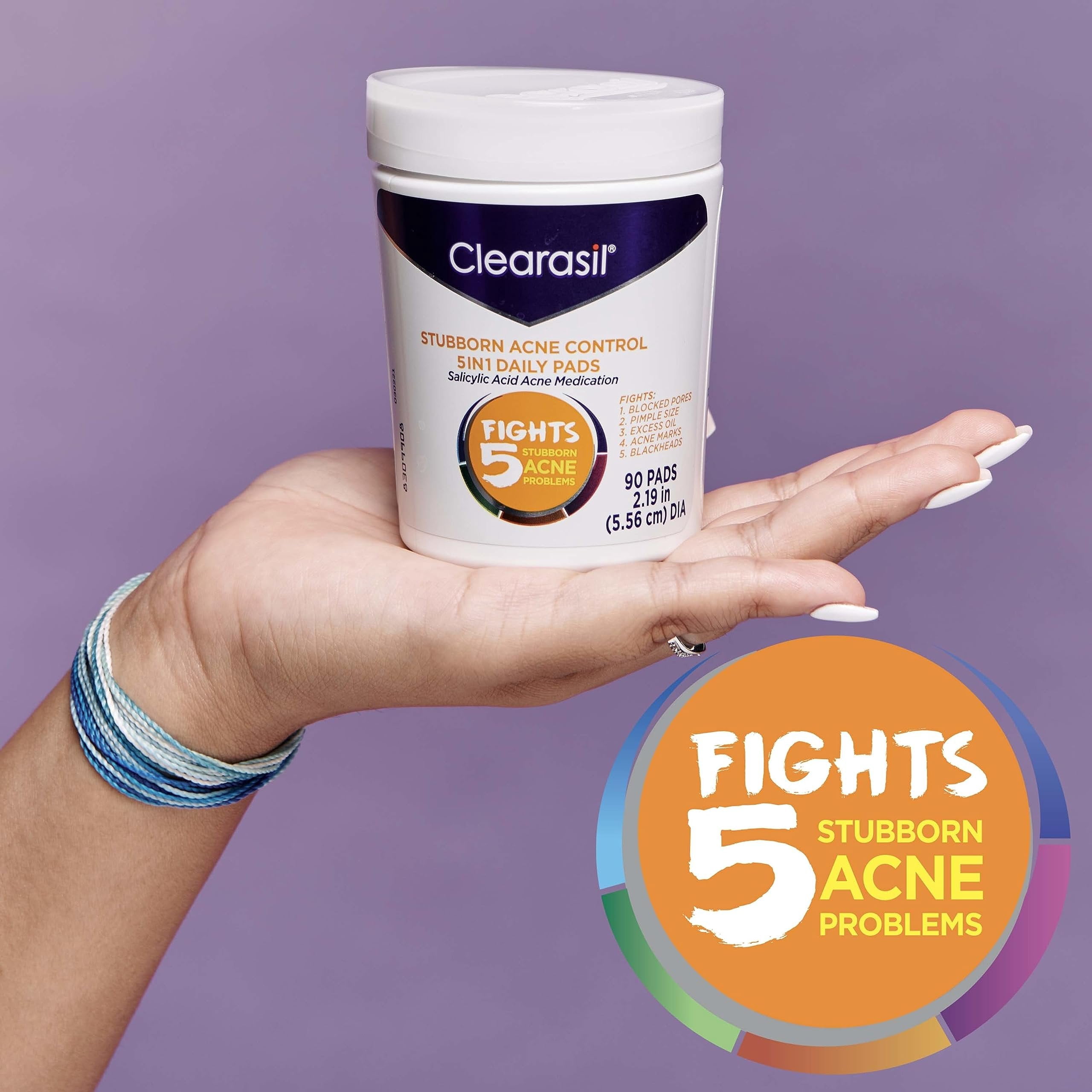 Clearasil Stubborn Acne Control 5in1 Daily Facial Cleansing Pads, with Salicylic Acid Acne Treatment Medicine, 90 Count Pack of 6
