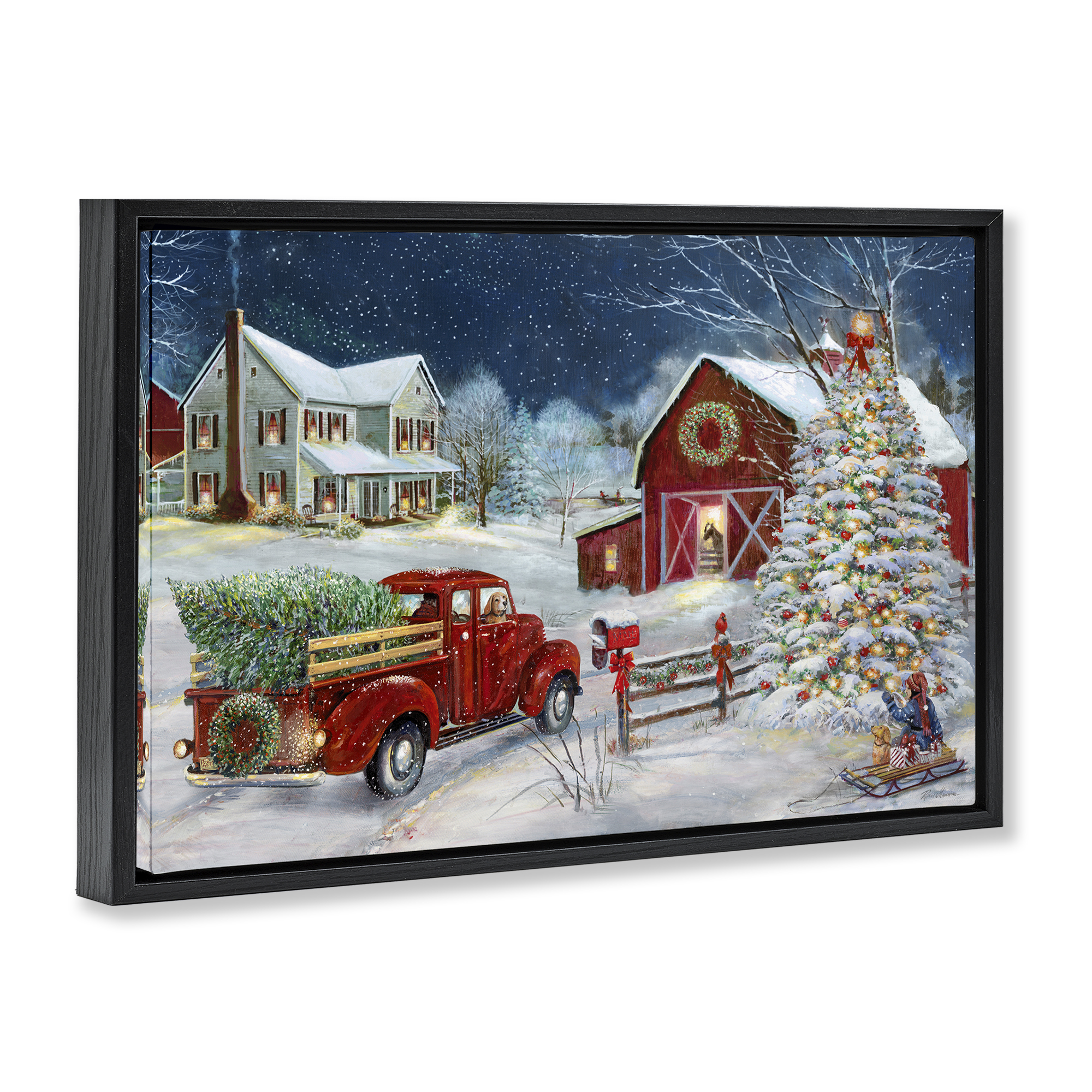 Stupell Industries Snowy Winter Farmhouse Holiday Painting Black Floater Framed Canvas Art Prints Wall Art, 25 x 17
