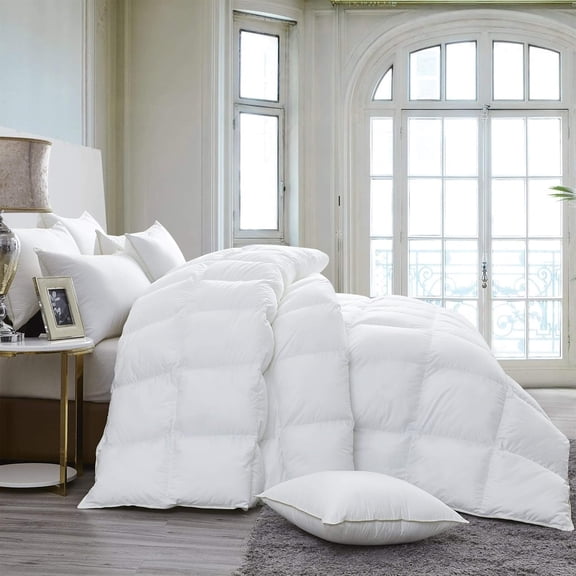 JessieMal Goose Down Comforter 120 x 120 INCHES 750 Fill Power, 80 oz Fill Weight, 100% Egyptian Cotton Cover (Super King, White)