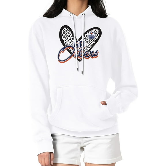 Women's G-III 4Her by Carl Banks White Edmonton Oilers Animal Print Heart Fleece Pullover Hoodie
