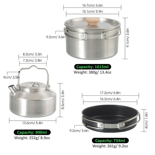 Camping Camp Utensilios de Cocina Juego de Mochilas Plegables para acampar y sartenes con tetera