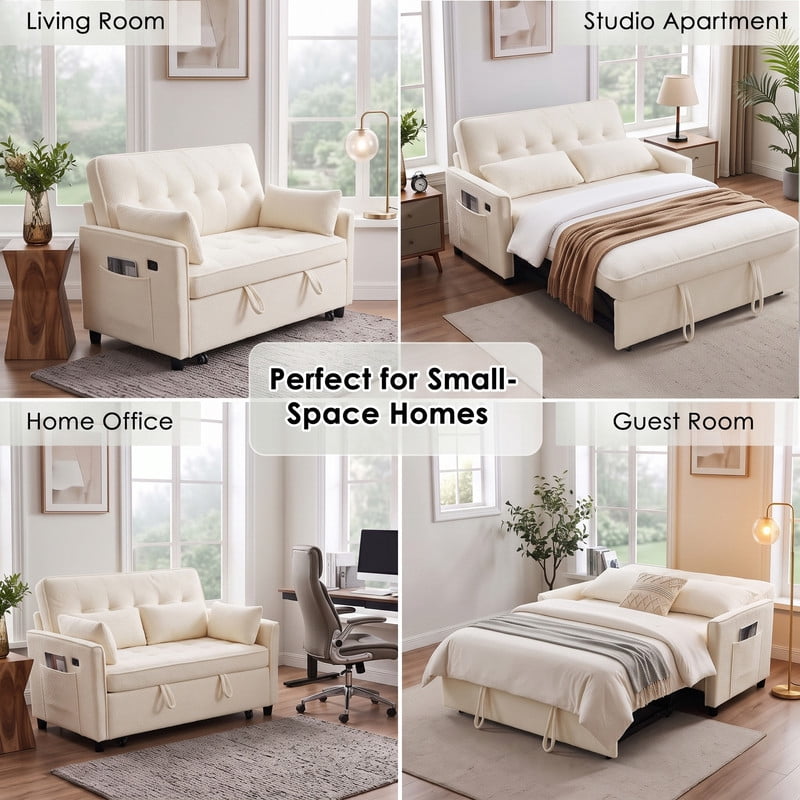 Anpport 54" 3‑in‑1 Convertible Sofa Bed, Towel Fabric, 3‑Position Adjustable Backrest with USB Charging Ports, for Living Room, Apartment, Beige