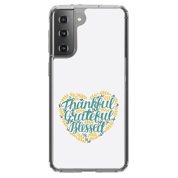 DistinctInk Clear Shockproof Hybrid Case for Galaxy S21 5G (6.2" Screen) - TPU Bumper, Acrylic Back, Tempered Glass Screen Protector - Thankful / Grateful / Blessed - Heart Flowers