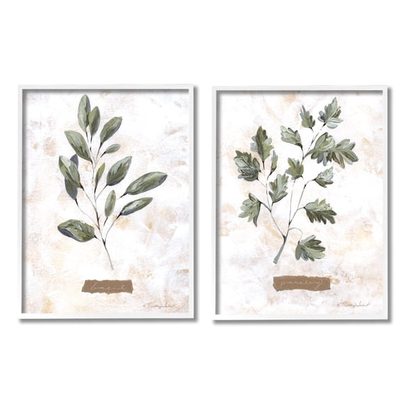 Stupell Country Herbs Basil Parsley Sprigs Botanical & Floral Painting White Framed Art Print Wall Art, Set of 2