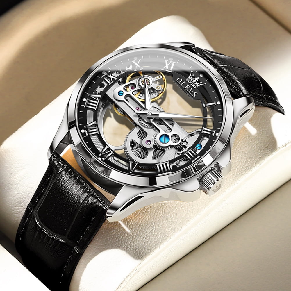 OLEVS Automatic Watches for Men Skeleton Black Leather Band Large Face Self Winding Mechanical Mens Dress Watches Waterproof Easy to Read Luminous Business Casual Mens Wrist Watches Reloj Para Hombre
