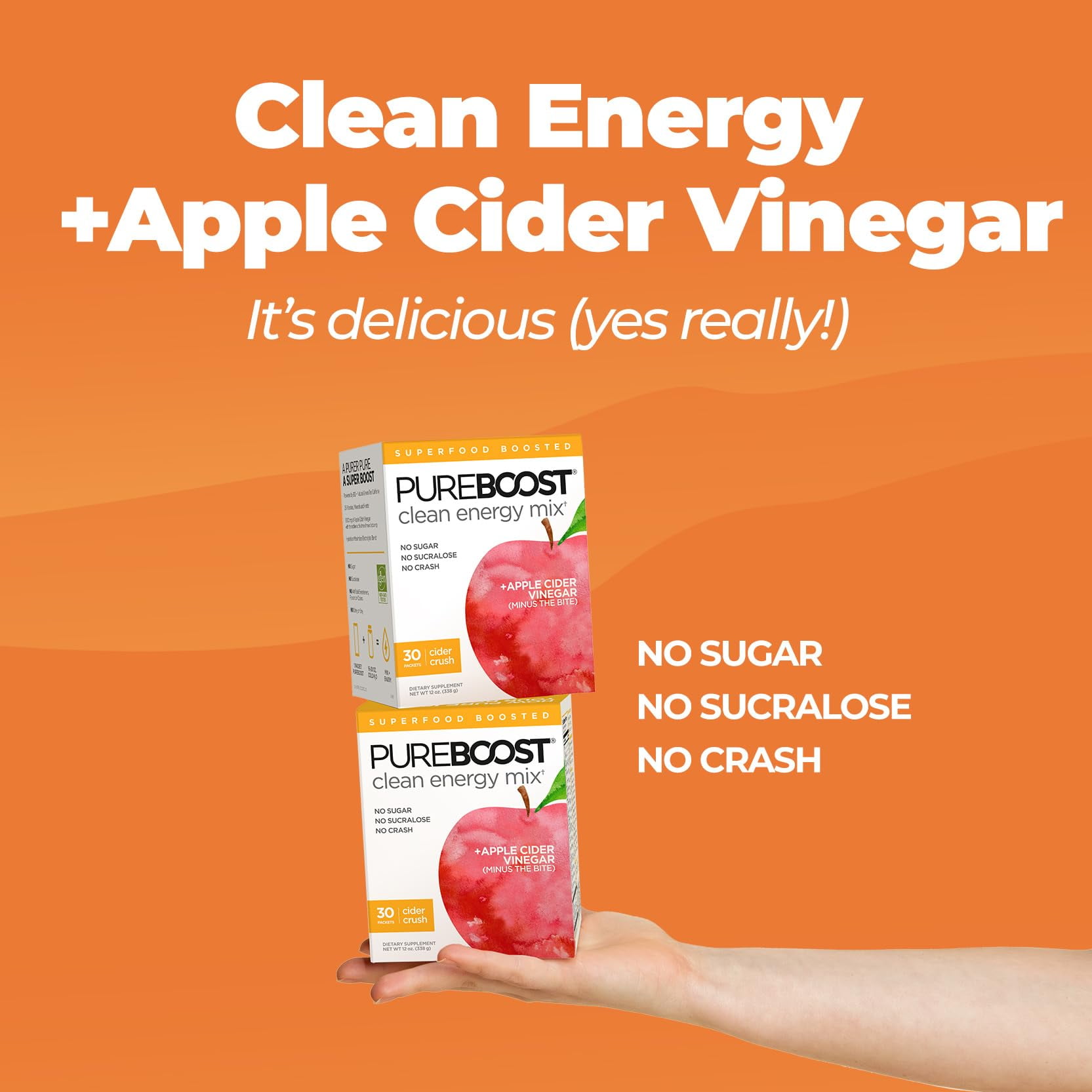 Pureboost Superfoods Clean Energy Booster, Cider Crush 30 Count, Refreshing Energy Drink Mix with Apple Cider Vinegar with The Mother, Sugar Free, No Sucralose, Electrolytes
