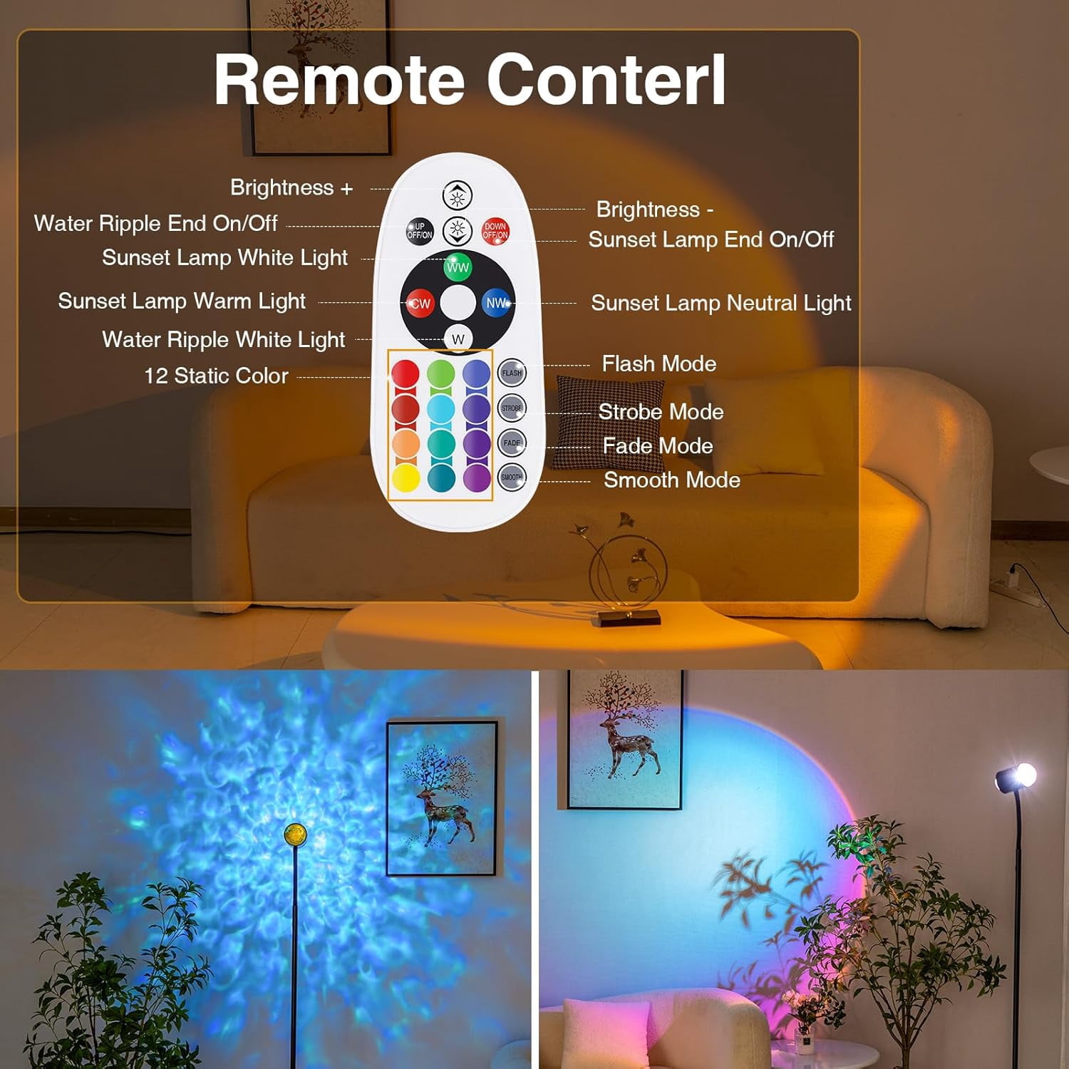 KAIPARA Sunset Standing Floor Lamp with Ocean Wave Effect, 360° Rotation, 16 Color Filters, Atmosphere Lamp with Remote, 3D Ocean Wave Floor Lamp Led Lights for Living Room & Bedroom