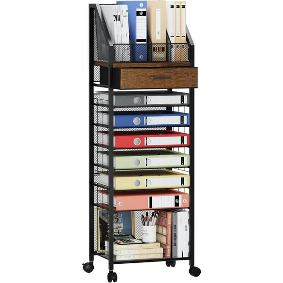 9-Tier Rolling File Cart - Paper Organizer, Office and Binder Storage with Drawers and Trays