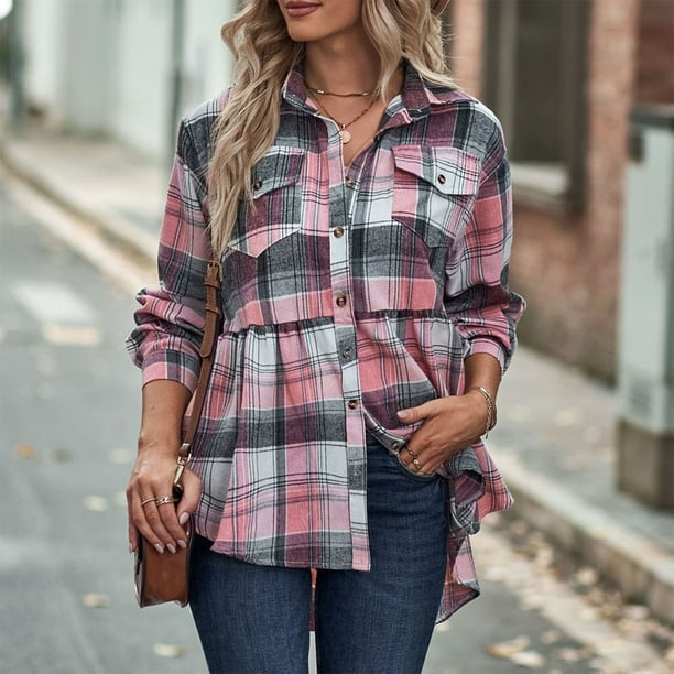 Camisa a cuadros para mujer Top clasico de manga larga con botones y cuello vuelto con bolsillos cuadros rosas L Walmart en linea