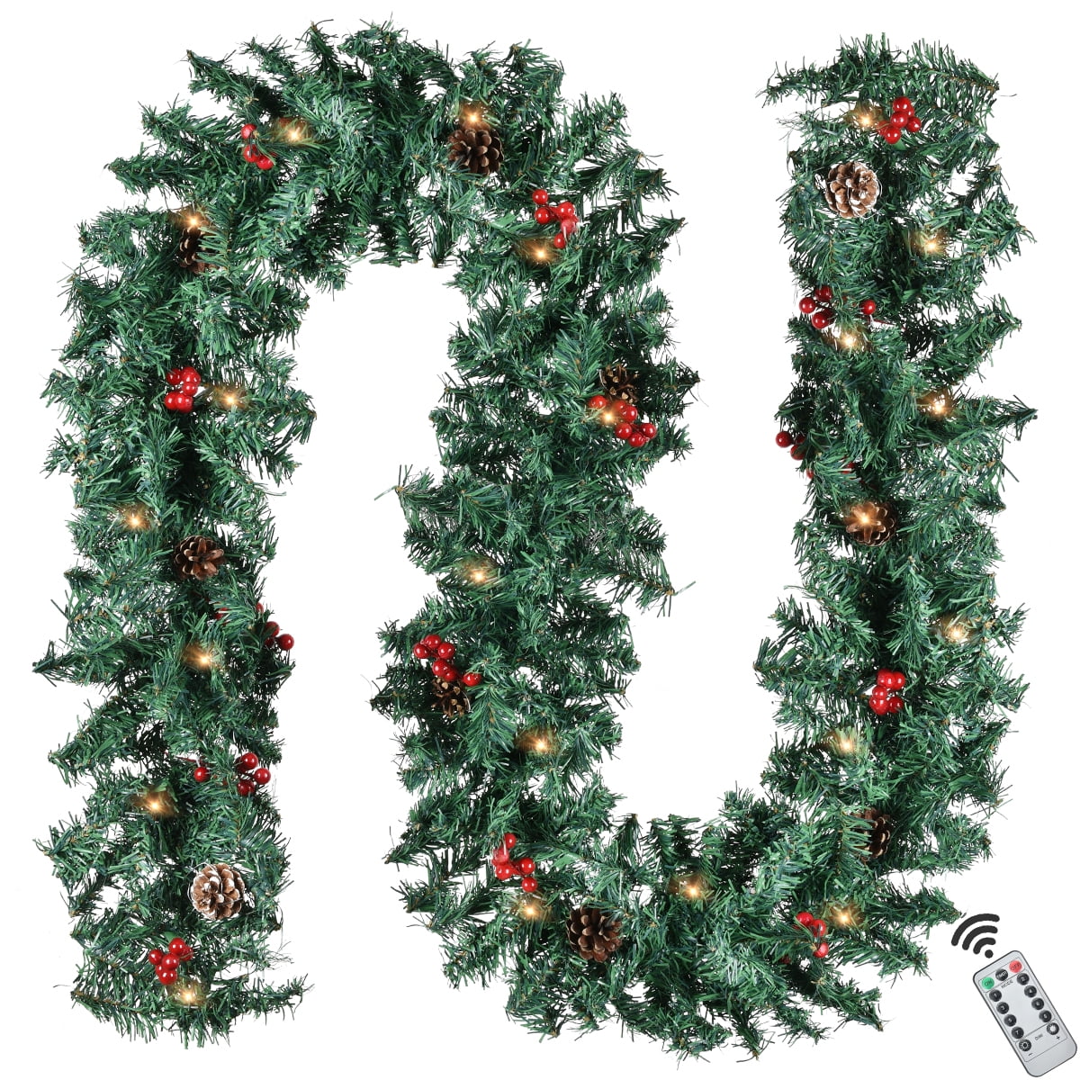 Pre Lit 2.7m Red Decorated Fireplace Christmas Garland 9ft 40 Warm White Lights 