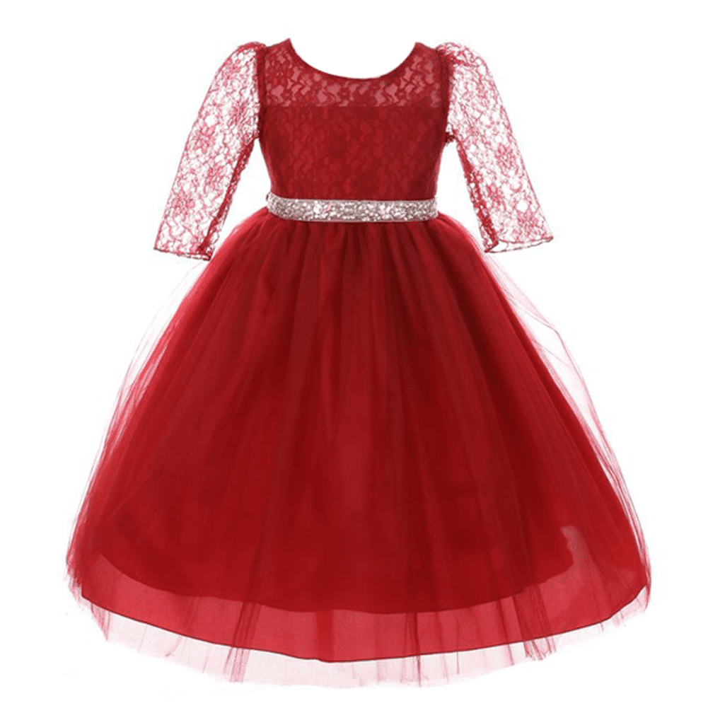 Little Girls Burgundy Lace Jewel Trim Tulle Elegant Christmas Dress