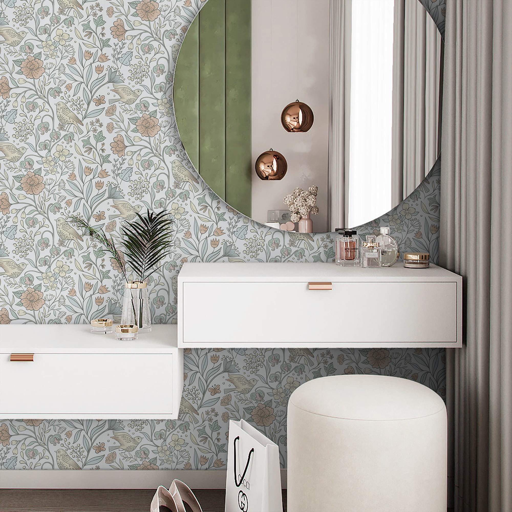 Abyssaly Floral Peel and Stick Wallpaper 17.7 "x 393"White Bird and Flower Wallpaper Vintage Vinyl Contact Paper Suitable for Home Walls Cabinet Bedroom