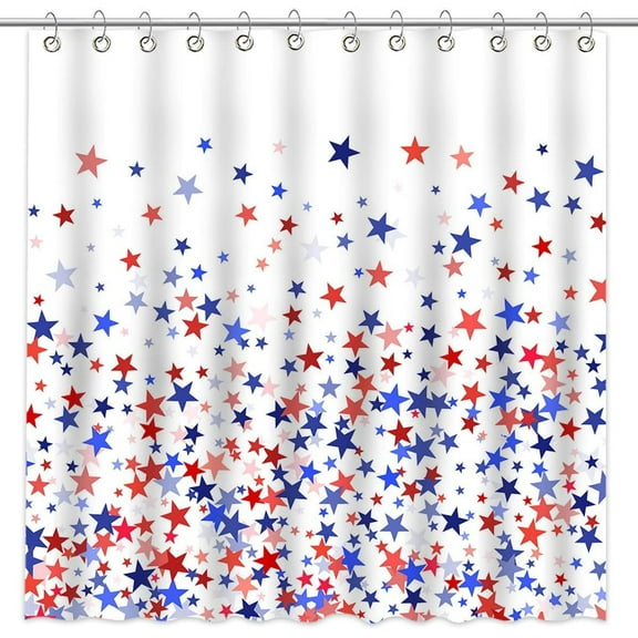 Avezano 4th of July Shower Curtain Blue Red Stars Patriotic Shower Curtain for Bathroom Independence Day Shower Curtain Set with 12 Hooks, 72x72 Inches