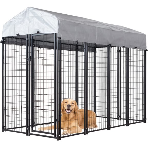 HITTITE Large Outdoor Dog Kennel, Heavy Duty Outdoor Fence Dog Cage, Anti-Rust Dog Pens Outdoor Dog Fence with Waterproof UV-Resistant Cover and Secure Lock for Backyard,8'L x4' W x 6'H，Black