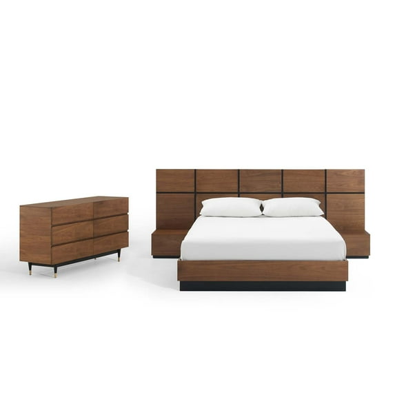 Platform Queen Bed Dresser Chest Nightstand Set, Wood, Brown Walnut, Modern Contemporary Urban Design, Bedroom Master Guest Suite