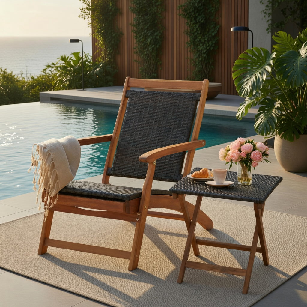 Hommoo 2-Piece Foldable Patio Lounge Set, PE Rattan Folding Chair with Acacia Wood Side Table for Backyard, Poolside & Garden, Brown