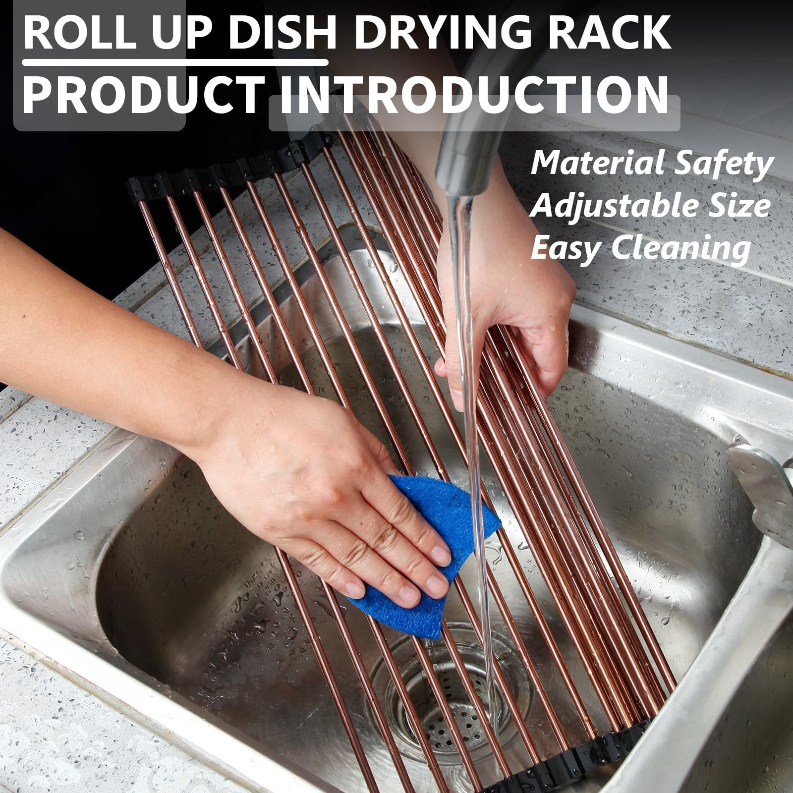 15.74"*17" Large Roll Up Dish Drying Rack Over The Sink  Stainless Steel Multipurpose Foldable With Anti-slip Silicone For Kitchen Counter Drainer Rose